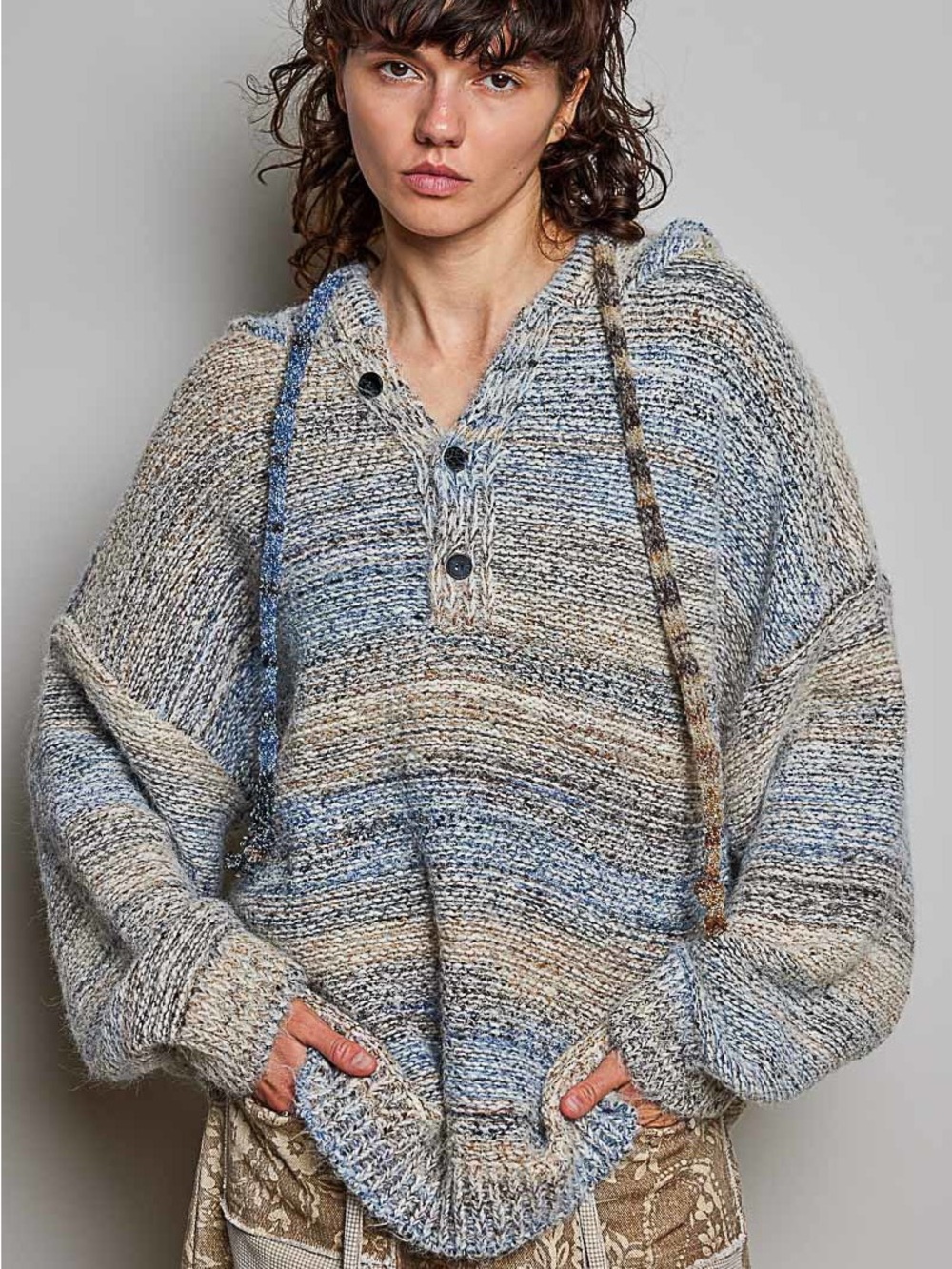 POL Striped Hooded Knit Sweater - Blue & Cream